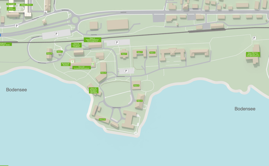 Das Bild zeigt eine schematische Übersicht des Spitalcampus Münsterlingen mit verschiedenen Gebäuden und Bereichen, die beschriftet sind.