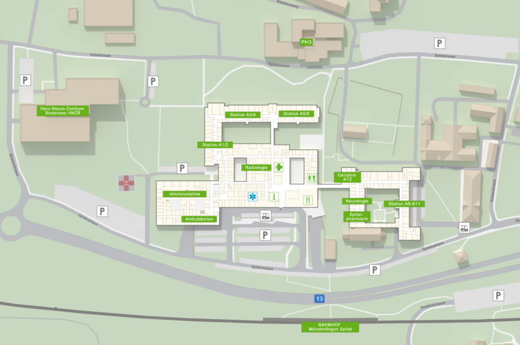 Das Bild zeigt eine schematische Übersicht des Spitalcampus Münsterlingen mit verschiedenen Gebäuden und Bereichen, die beschriftet sind.